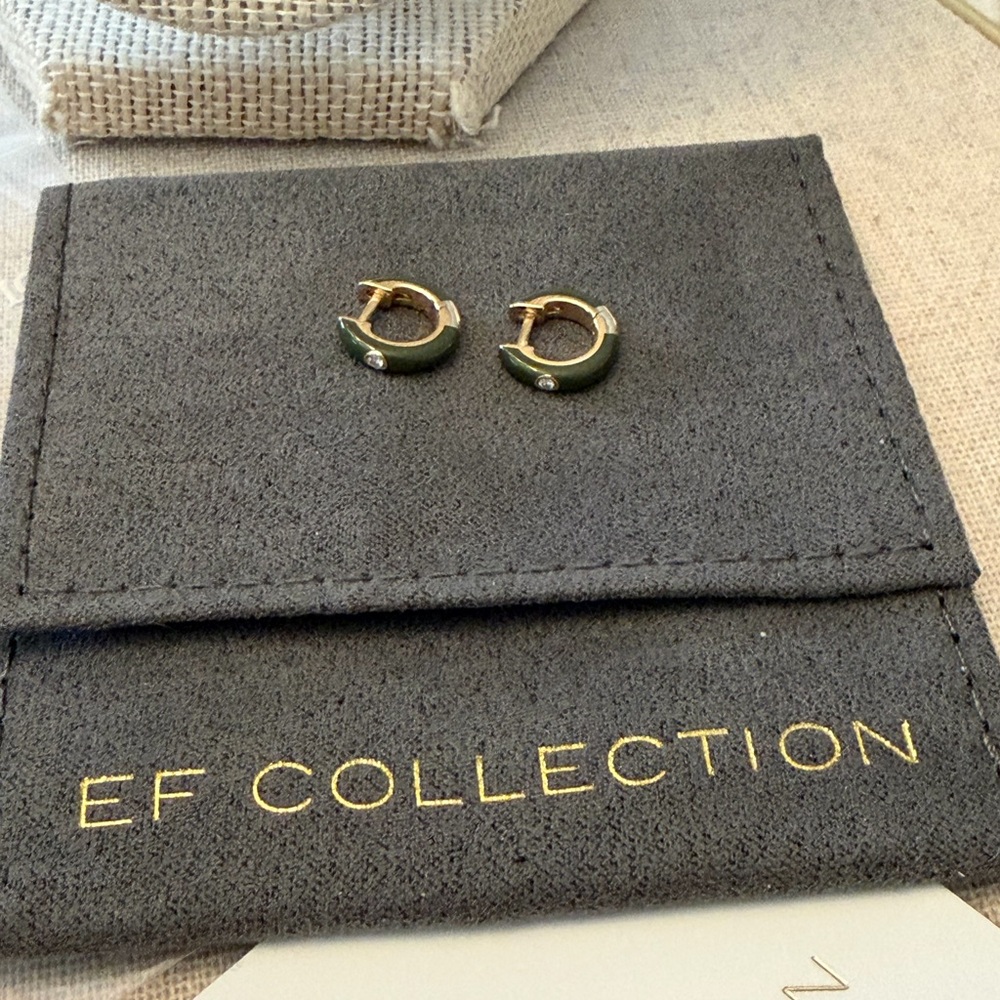 EF Collection Olive Enamel & Diamond Huggie Hoop Earrings - New